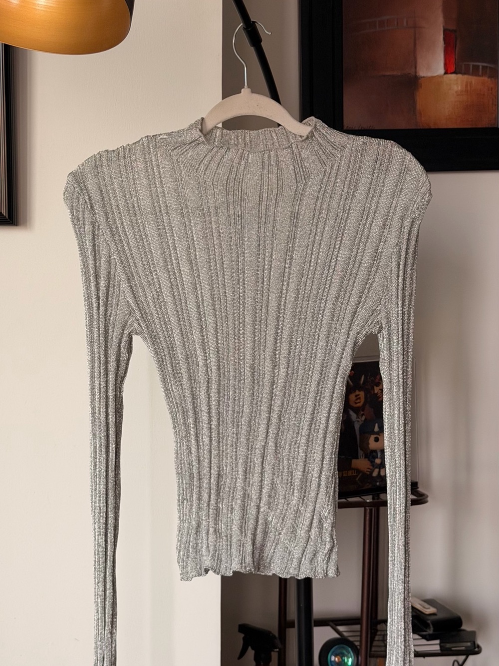 H&M Silver Ribbed Long-Sleeve Slim Top
